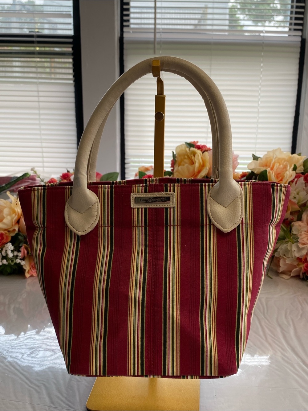 Longaberger Homestead Small Burgundy Striped Canvas Tote Bag Ivory Handles